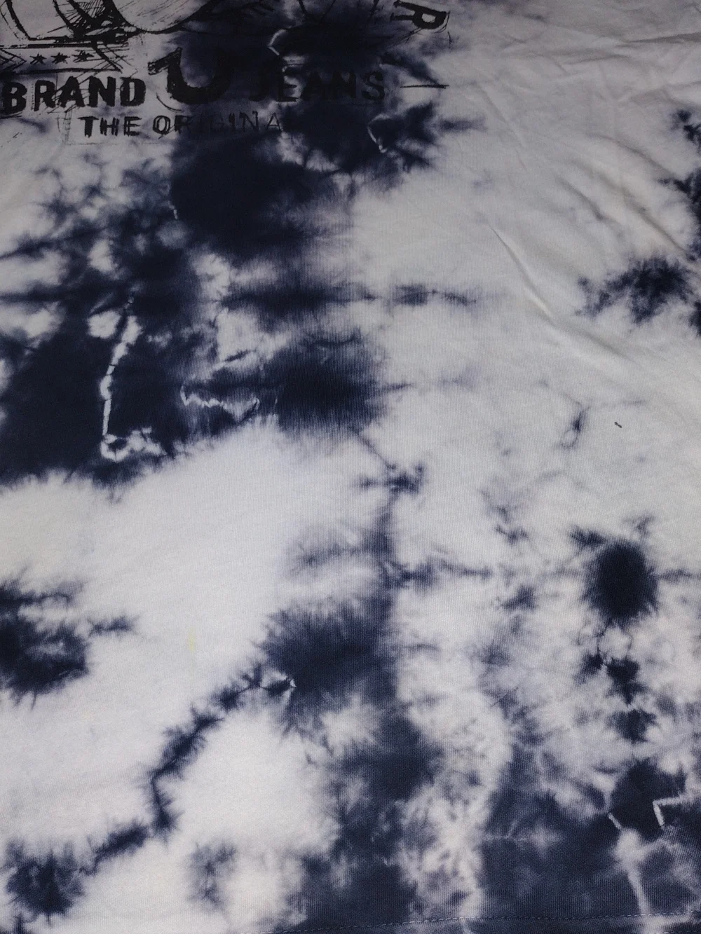 True Religion Men's XL Navy and White Tie-Dye Graphic Tee with Guitar Buddha